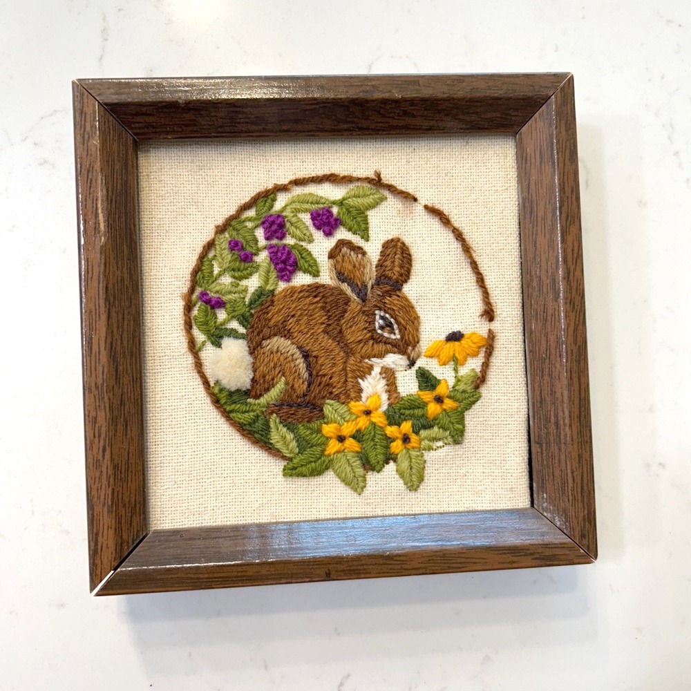 6x6 in vintage sunset designs Rabbit Bunny Garden spring crewel embroidery art